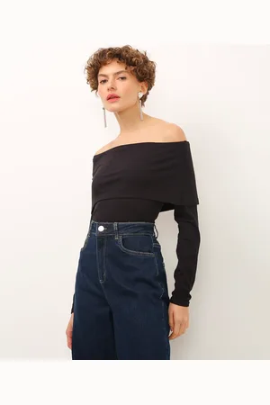C&A Blusa de viscose canelada ombro a ombro preta