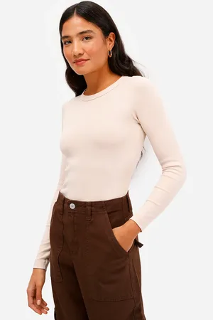 C&A Blusa feminina de algodão manga longa canelada bege