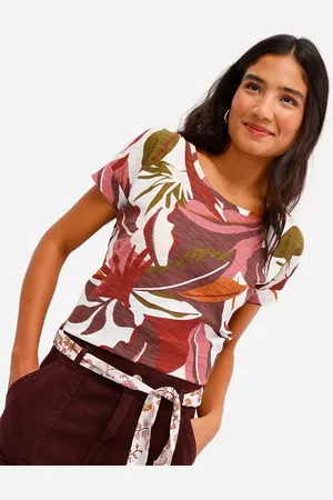 C&A Blusa feminina de algodão manga curta folhagens off white