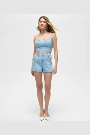 C&A Short mom jeans com strass patbo azul