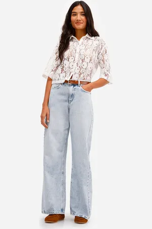 C&A Calça wide leg feminina jeans cintura alta azul