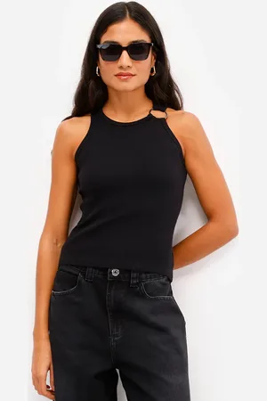C&A Regata feminina de algodão com argola canelada preta