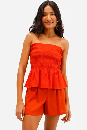 C&A Blusa sem alça feminina com linho franzida laranja