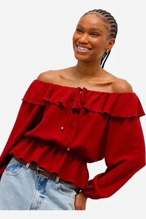 C&A Blusa ombro a ombro feminina com babados texturizada