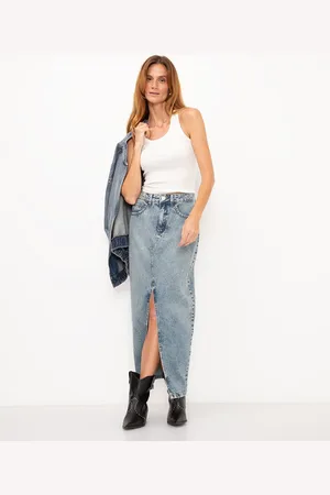 C&A Saia jeans midi com fenda cintura alta azul