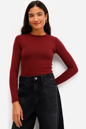 C&A Blusa feminina de algodão manga longa canelada