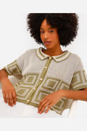 C&A Camisa feminina de crochet manga curta bicolor