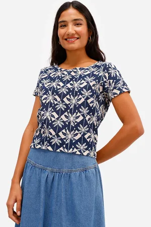 C&A Blusa feminina de algodão manga curta folhagens azul