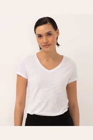C&A Camiseta Flamê de Algodão Básica Manga Curta Decote V Branca