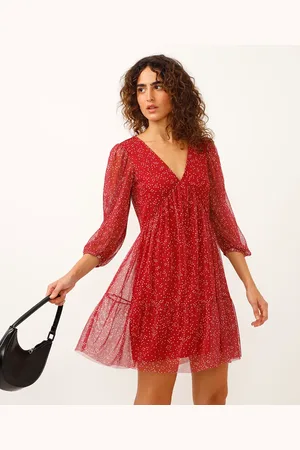C&A Vestido curto de tule manga bufante poá vermelho