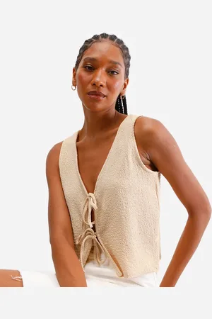 C&A Blusa cropped feminina com laço texturizada
