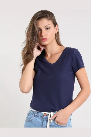 C&A Camiseta Flamê de Algodão Básica Manga Curta Decote V Marinho