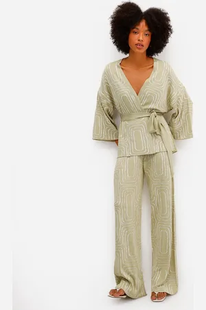C&A Calça wide leg feminina de tricot geométrica verde