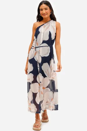 C&A Vestido midi ombro único de tule floral azul