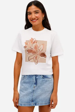 C&A Camiseta feminina de algodão floral metalizada