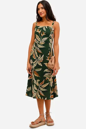 C&A Vestido midi feminino de viscose com fenda folhagens verde