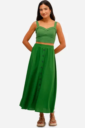 C&A Saia midi feminina com linho cós elástico verde