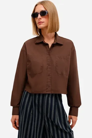 C&A Camisa feminina de algodão manga longa marrom