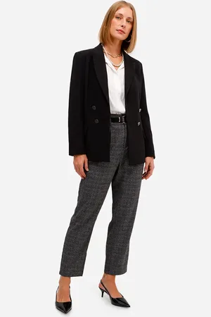 C&A Calça reta feminina de alfaiataria cós elástico xadrez cinza