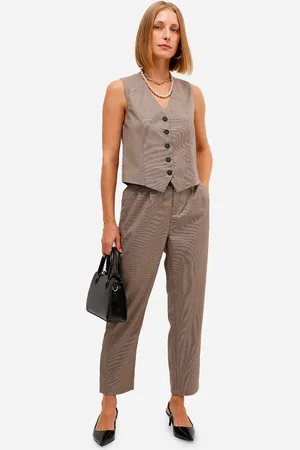 C&A Calça reta feminina de alfaiataria cós elástico marrom