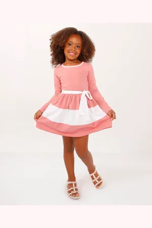 C&A Vestido de algodão infantil evasê com faixa rosa