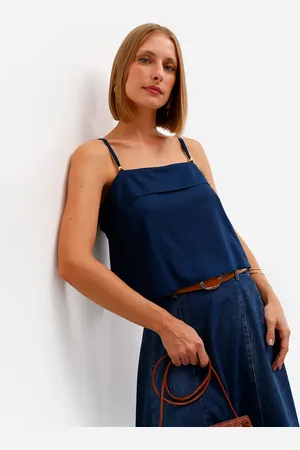 C&A Blusa feminina alça fina com linho azul