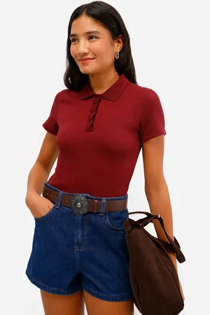 C&A Polo básica feminina de algodão manga curta canelada