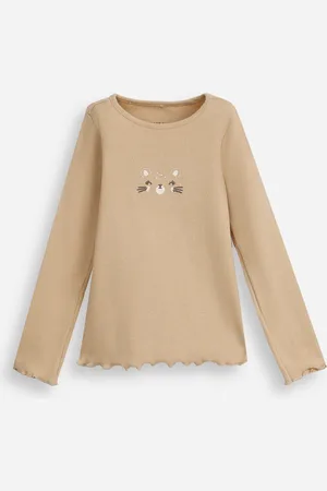 C&A Blusa de algodão infantil com bichinho e fru fru canelada bege