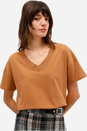 C&A Camiseta de algodão decote v manga curta marrom
