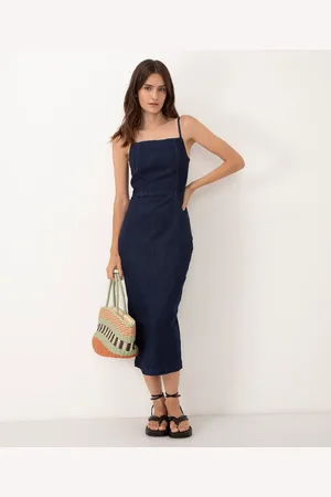 C&A Vestido midi jeans decote reto alça fina escuro