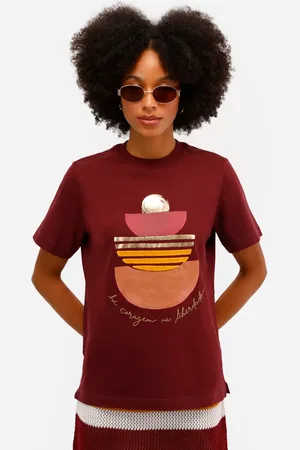 C&A Camiseta feminina de algodão estampada com bordado vivi olimo