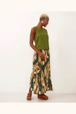 C&A Saia midi plissada folhagem e arabesco verde