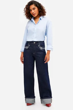 C&A Calça oversized feminina jeans com brilhos barra dobrada azul