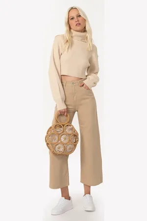 C&A Calça de sarja wide cropped cintura super alta