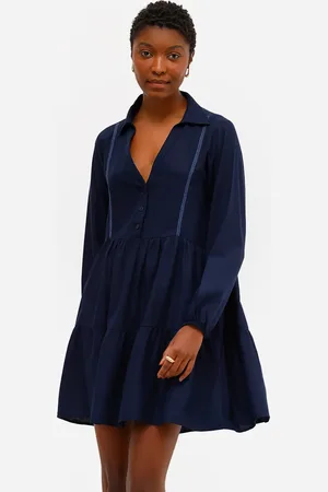 C&A Vestido chemise feminino com linho decote v azul