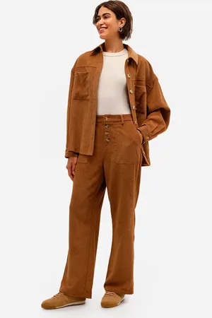 C&A Calça reta feminina de veludo cotelê cintura alta marrom