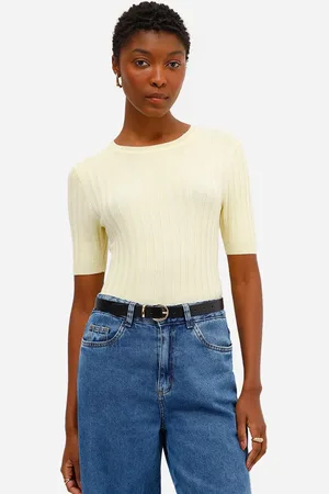 C&A Blusa feminina de tricot canelada manga curta amarela