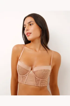 C&A Sutiã cropped meia taça acetinado e rendado bege