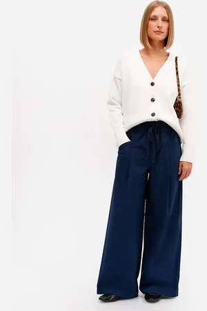 C&A Calça wide leg feminina de algodão cós elástico azul