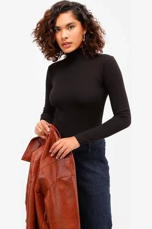 C&A Blusa feminina de algodão gola alta manga longa preta