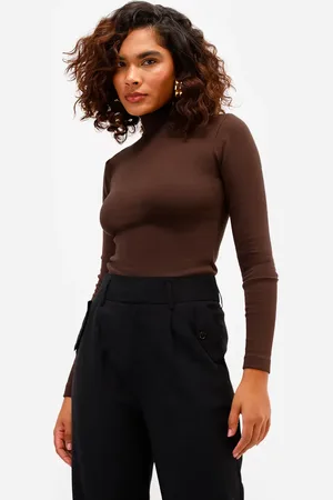 C&A Blusa feminina de algodão gola alta manga longa marrom