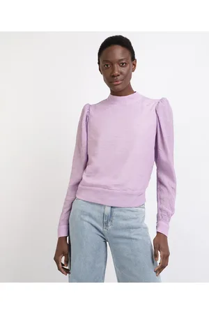 C&A Blusa Feminina Mindset Texturizada com Abertura e Amarração Manga Bufante Decote Redondo Lilás