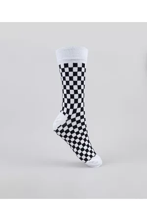 C&A Meia Masculina Cano Alto Estampada Quadriculada Branca