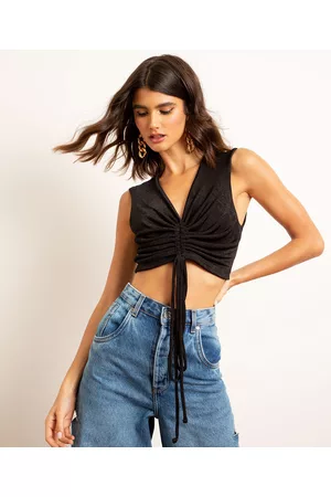 C&A Regata Cropped Texturizada com Franzido Alça Larga Decote V Preta