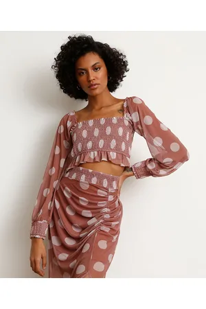 C&A Blusa Cropped de Tule Estampada de Poá com Lastex Manga Bufante Decote Reto