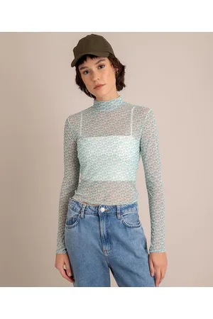 C&A Blusa de Tule Estampada Quadriculada Floral Manga Longa Gola Alta