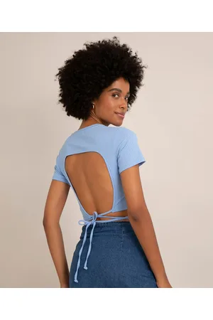 C&A Blusa cropped canelada com amarração manga curta decote redondo claro