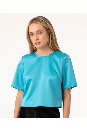 C&A Blusa cropped de cetim manga curta com ombreira