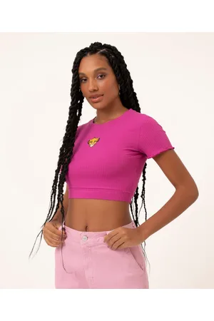 C&A Blusa cropped manga curta bordado simba pink