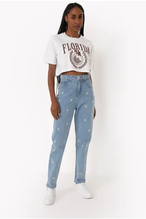 C&A Calça jeans mom cintura super alta com bordado claro